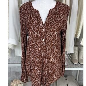 Old Navy Women's Size M Tall Rust Floral V Neck 2 Button Peasant Blouse #0593